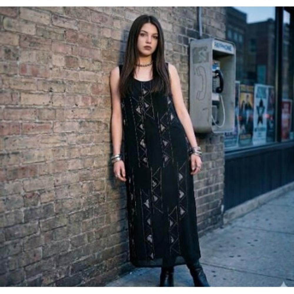 Vintage Mlle Gabrielle Witchy Black‎ Silver 90's Whimsigoth Maxi Dress Womens 12
